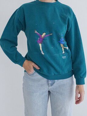 Vintage Northern Reflections Green Figure Skating Ice Skate Graphic Crewneck S